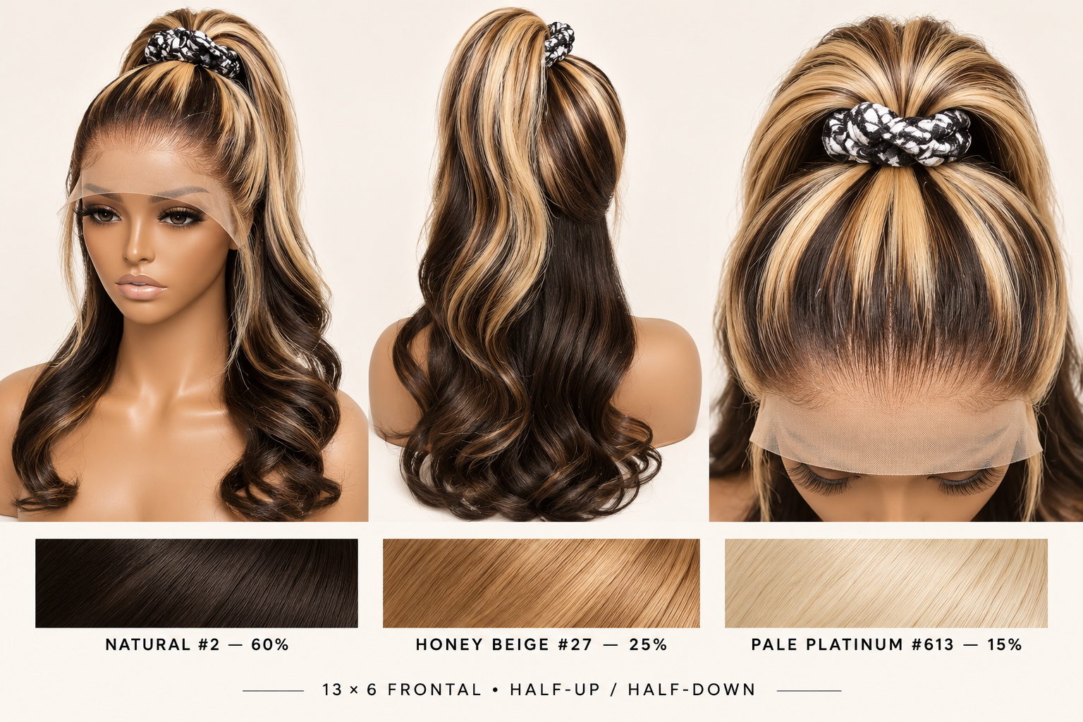 Three views of a custom 13 by 6 frontal wig with natural brown, honey beige, and pale platinum highlights