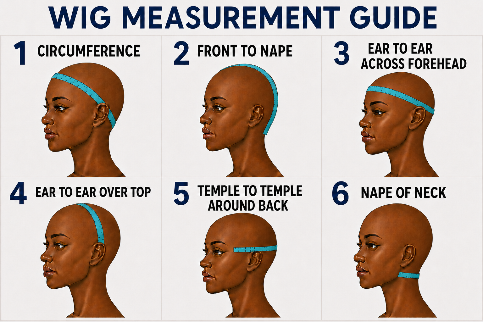 Illustrated wig measurement guide showing six consistent tape placements on a woman facing left